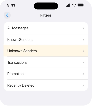 Messages Filters list with Unknown Senders