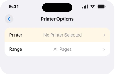 Printer Options screen with No Printer Selected