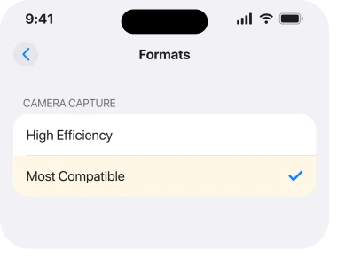 Settings, Camera, Formats with Most Compatible selected