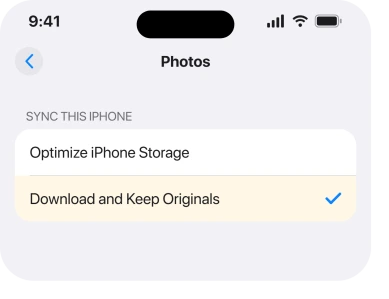 Settings, Apps, Photos with Download and Keep Originals