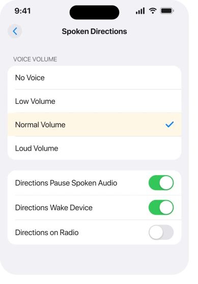 Settings, Apps, Maps, Spoken Directions with Voice Volume