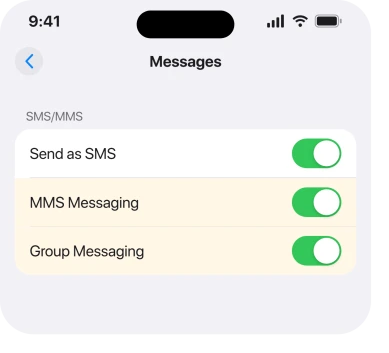 Settings, Apps, Messages with MMS Messaging and Group Messaging