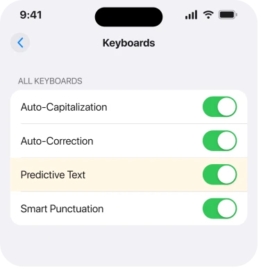 Settings, General, Keyboard with Predictive Text