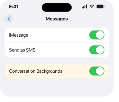 Settings, Apps, Messages with Conversation Backgrounds