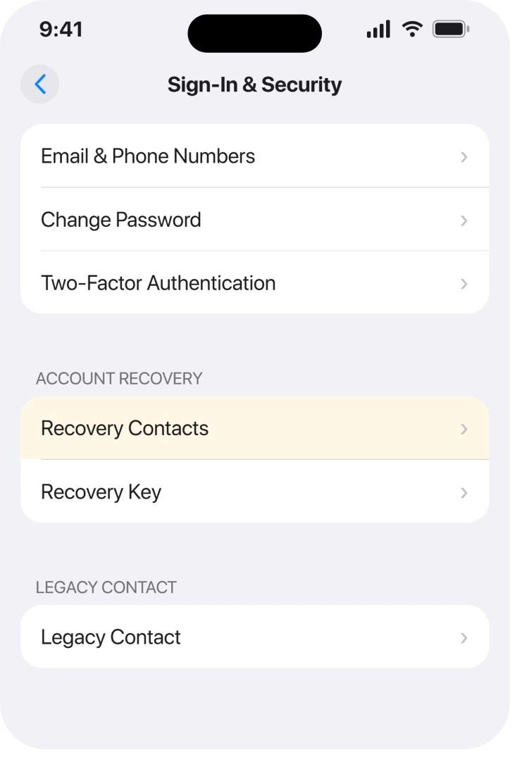 Settings, your name, Sign-In and Security, Recovery Contacts
