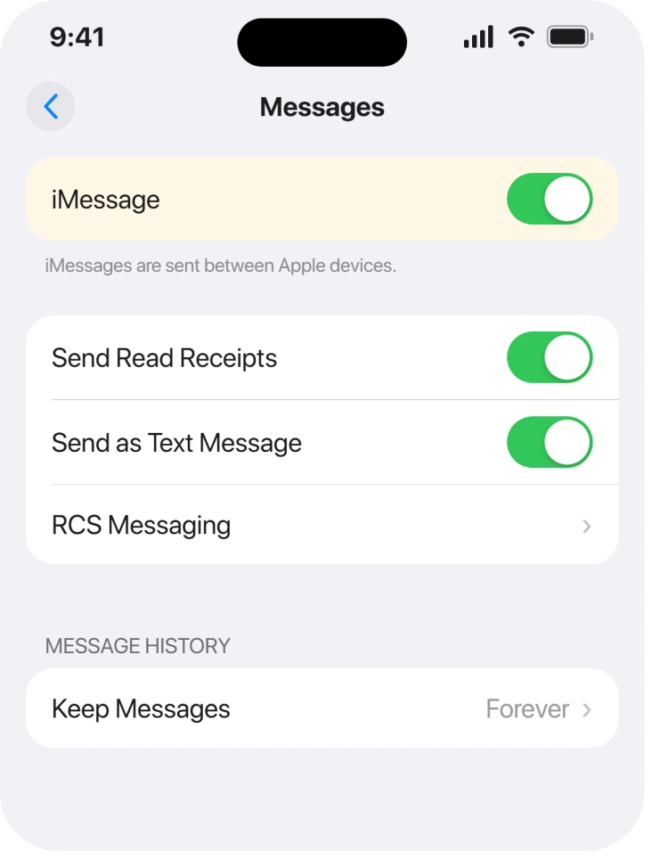 Settings, Apps, Messages with the iMessage switch