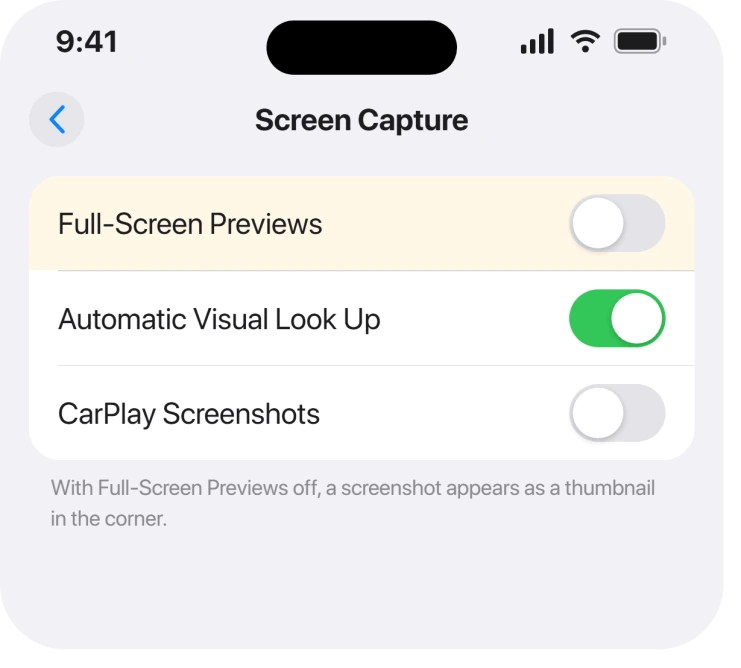 Settings, General, Screen Capture with Full-Screen Previews