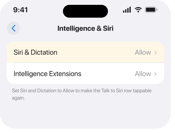 Screen Time, Content and Privacy Restrictions, Intelligence and Siri