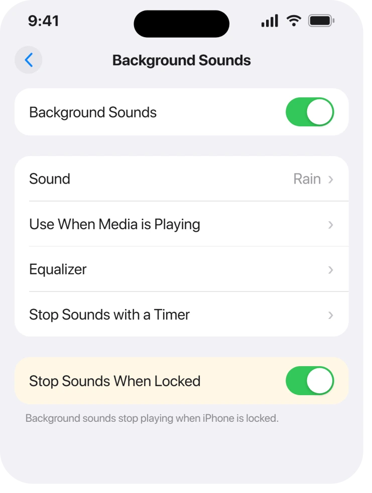 Settings, Accessibility, Audio and Visual, Background Sounds