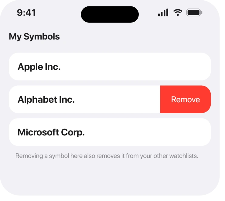 Stocks watchlist with a symbol swiped to reveal Remove