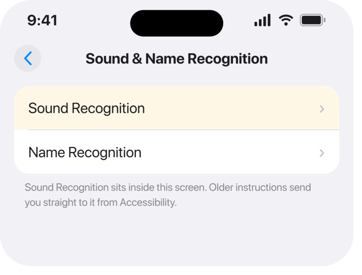 Settings, Accessibility, Sound and Name Recognition