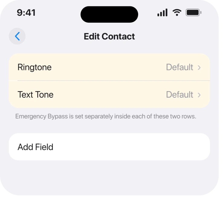 A contact card showing Ringtone and Text Tone
