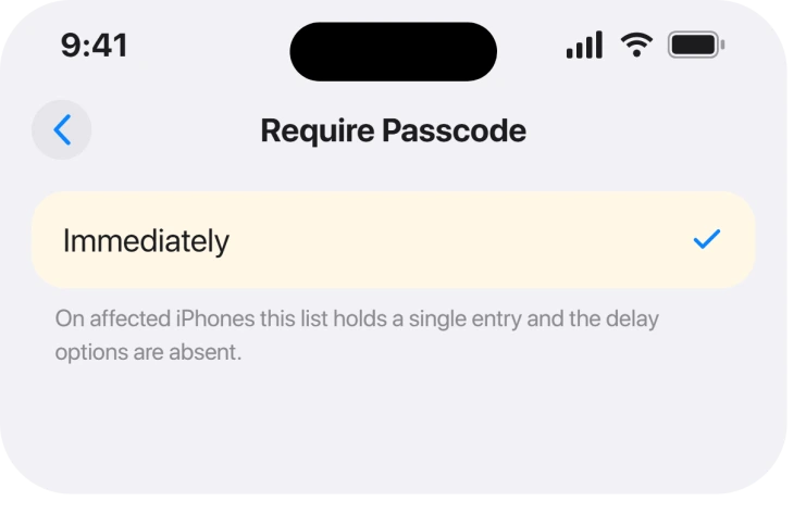 Require Passcode showing only Immediately