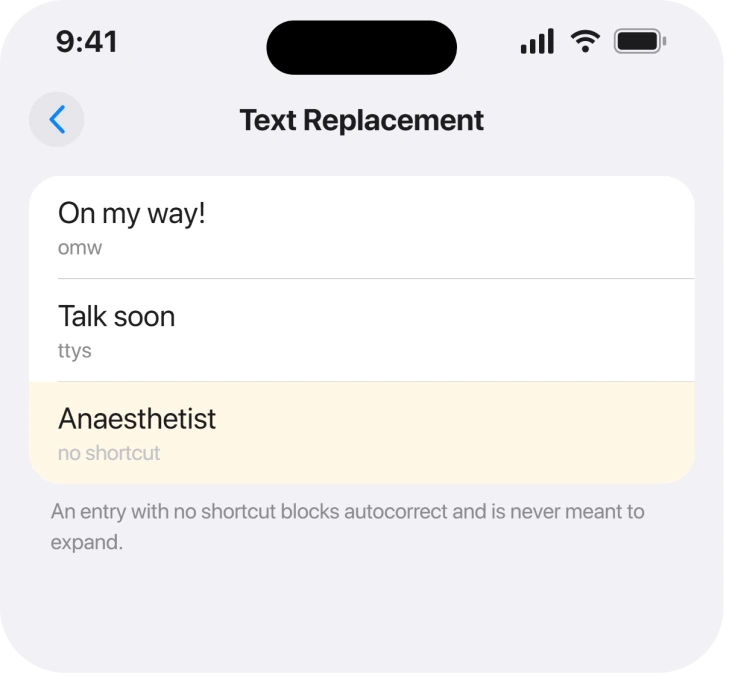 Settings, General, Keyboard, Text Replacement