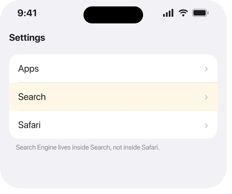 Settings showing Search, then Search Engine