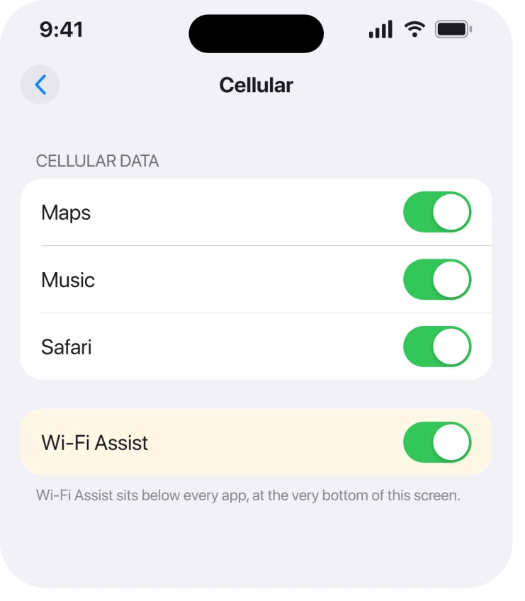 Settings, Cellular, with Wi-Fi Assist at the foot of the list