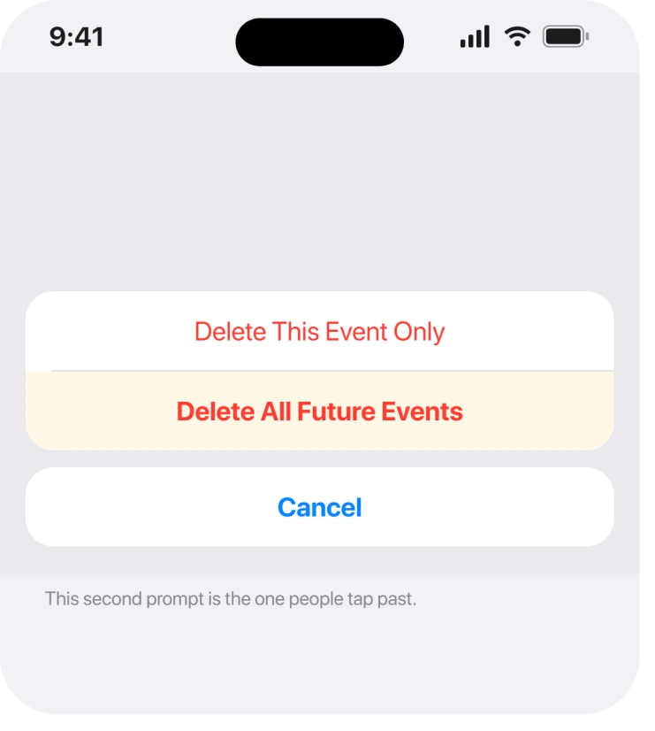 Calendar showing Delete Event and the follow-up choice