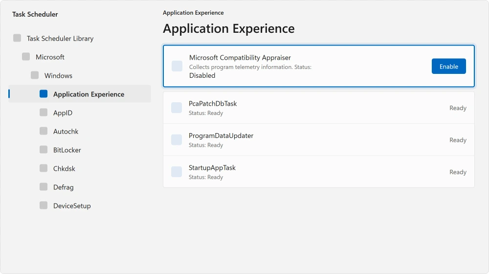 Task Scheduler showing the Microsoft Compatibility Appraiser task under Application Experience