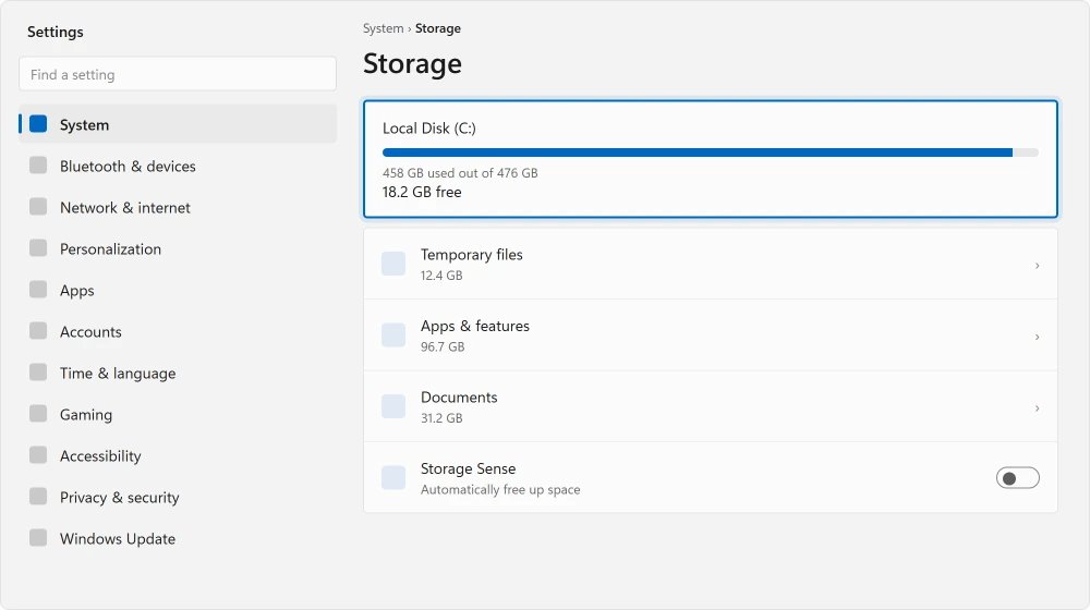 Windows Settings, System, Storage, showing free space at the top