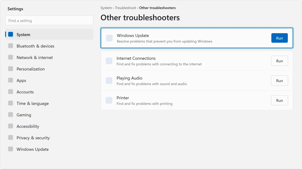 Settings, System, Troubleshoot, Other troubleshooters, with Windows Update at the top