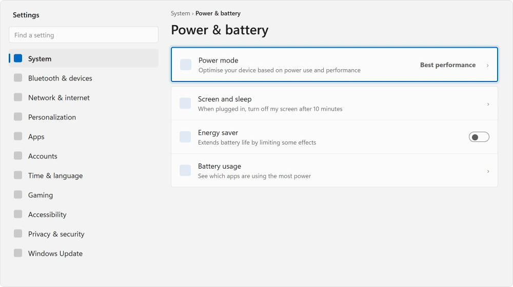Settings, System, Power and battery, showing the Power mode dropdown
