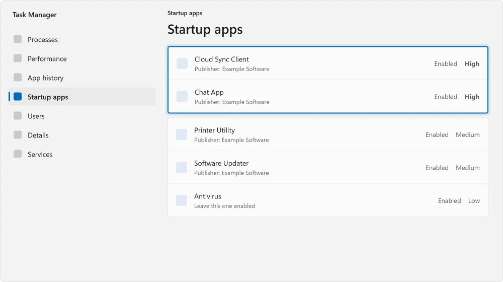 Task Manager, Startup apps, with high-impact entries listed