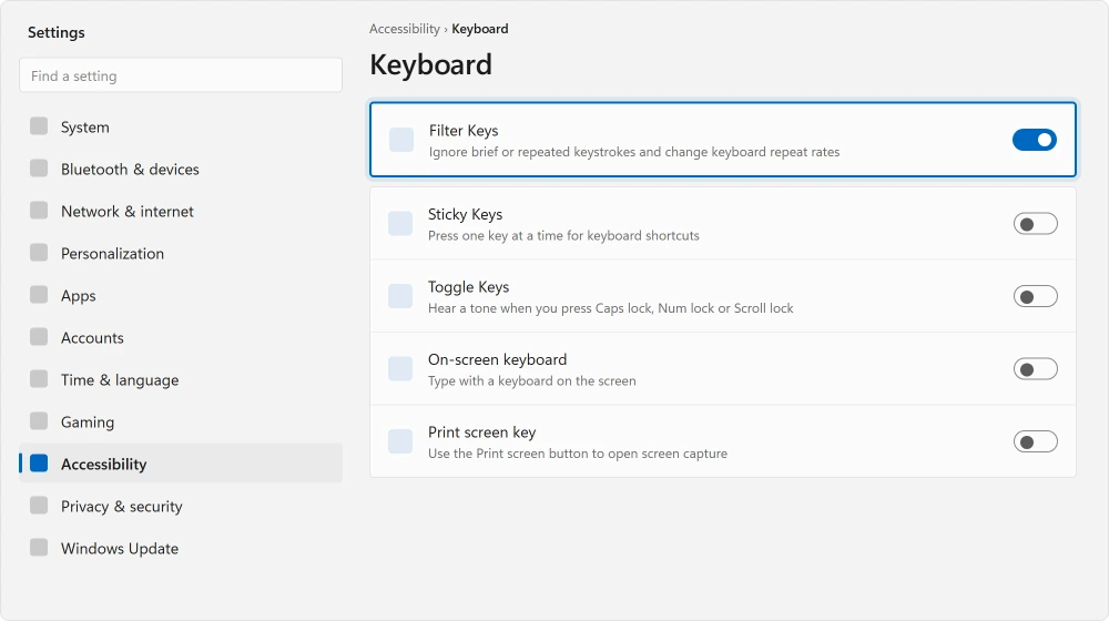 Settings, Accessibility, Keyboard, with Filter Keys and Sticky Keys listed