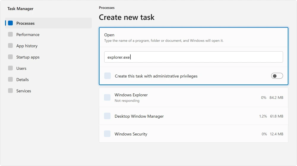 Task Manager with Run new task open and explorer.exe typed in