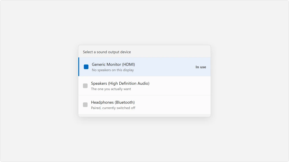 The output device list open from the taskbar volume slider