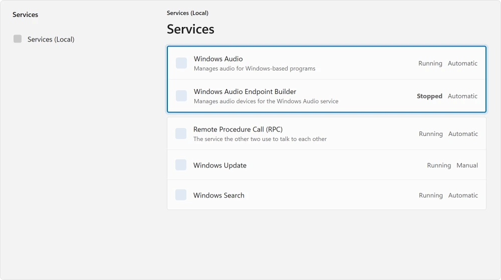 The Services window with Windows Audio and Windows Audio Endpoint Builder listed