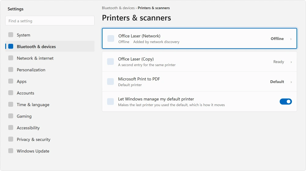 Settings, Printers and scanners, with the default printer option