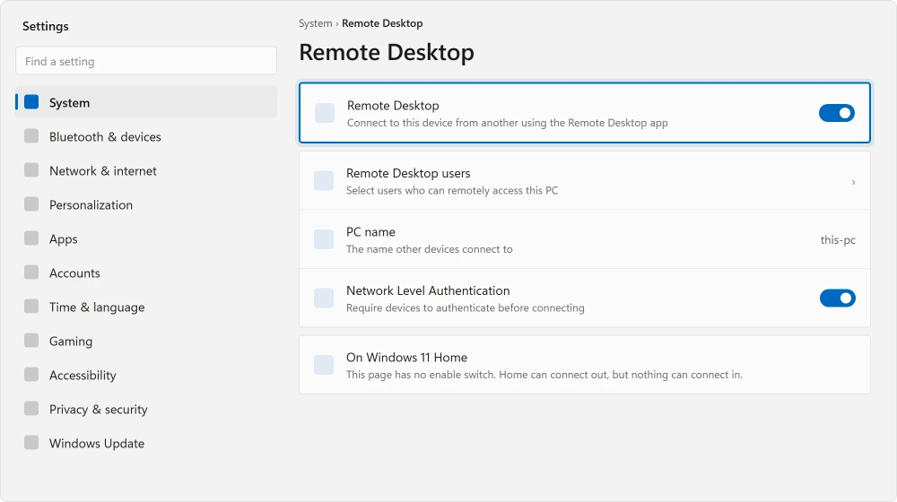 Settings, System, Remote Desktop, with the enable switch