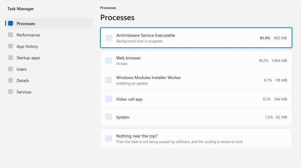 Task Manager processes sorted by CPU use