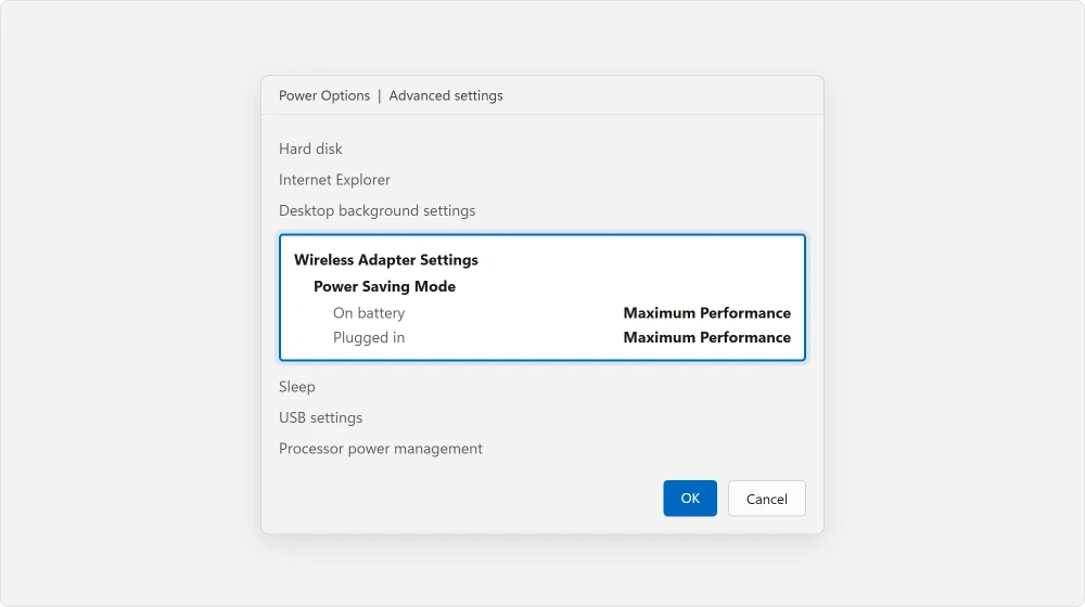 Advanced power settings with Wireless Adapter Settings expanded