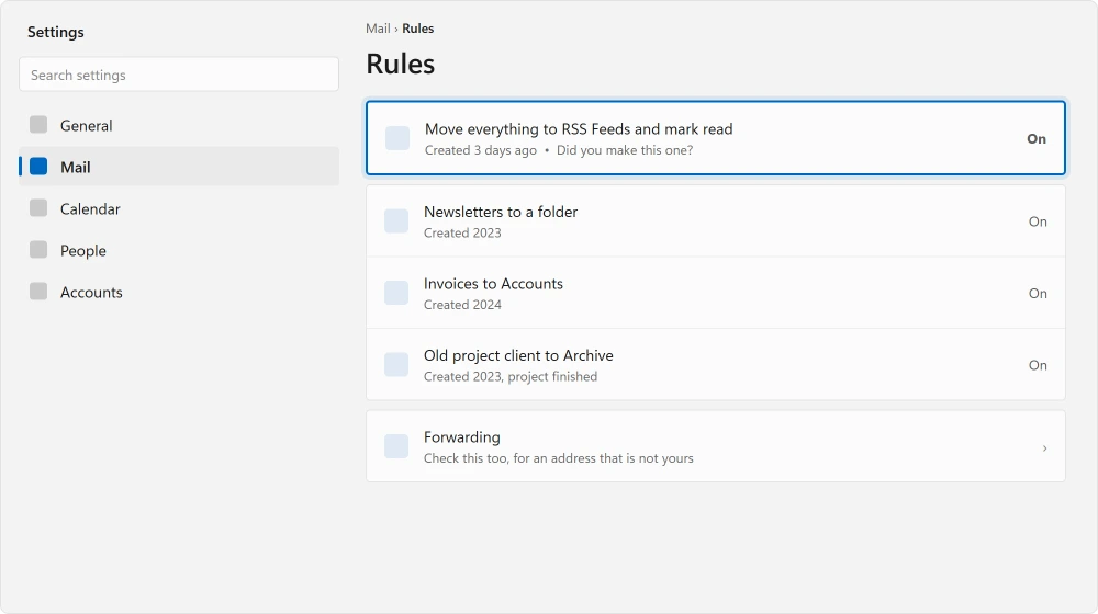 The mail rules list, with an unfamiliar rule among the ordinary ones