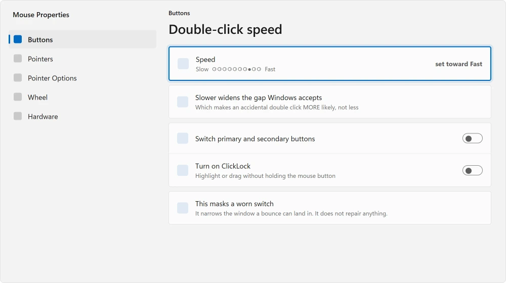 Mouse Properties with the double-click speed slider near the Fast end