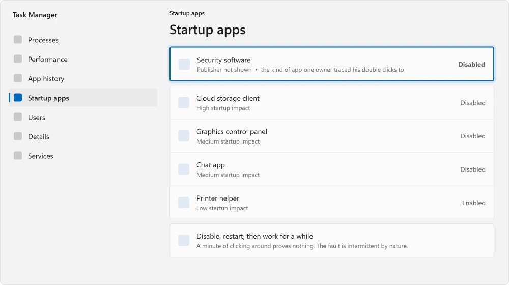 Task Manager Startup apps tab with several entries disabled