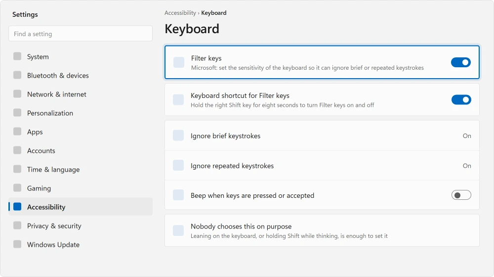 Settings, Accessibility, Keyboard, with the Filter keys switch highlighted