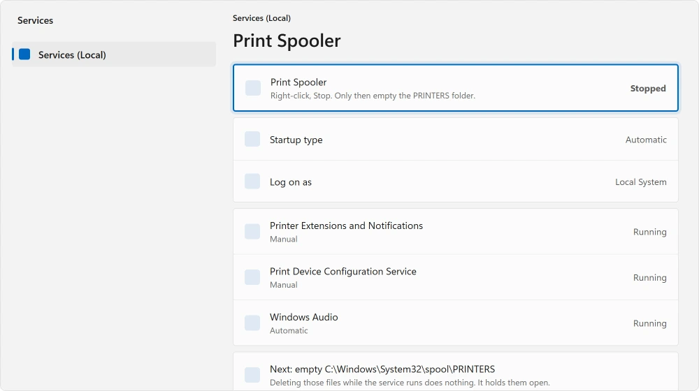 The Services window with Print Spooler selected and stopped