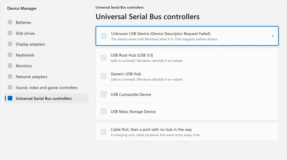 Device Manager with Universal Serial Bus controllers expanded