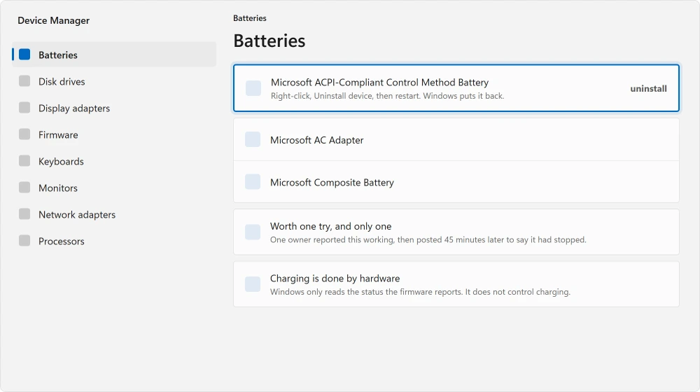 Device Manager with the Batteries section expanded