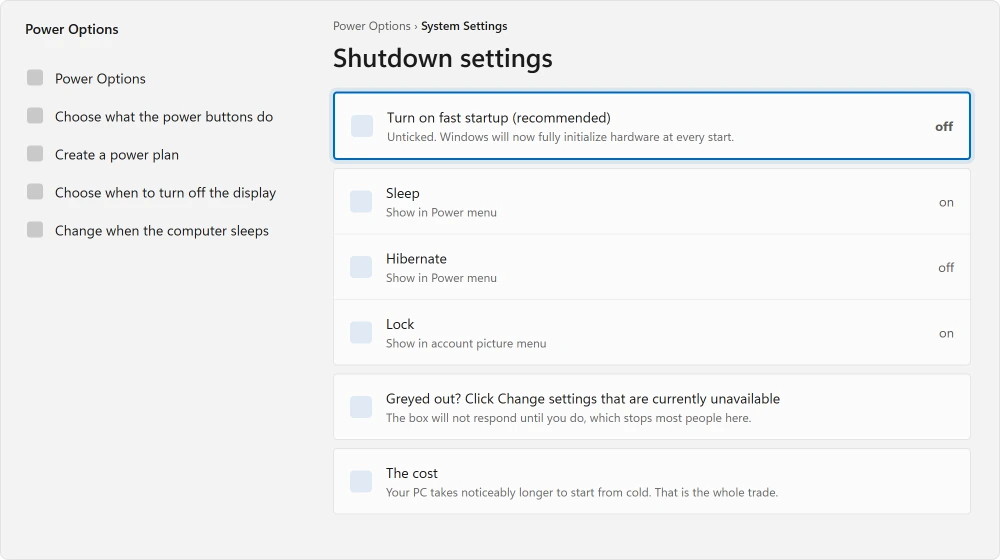 Power Options with the fast startup checkbox unticked