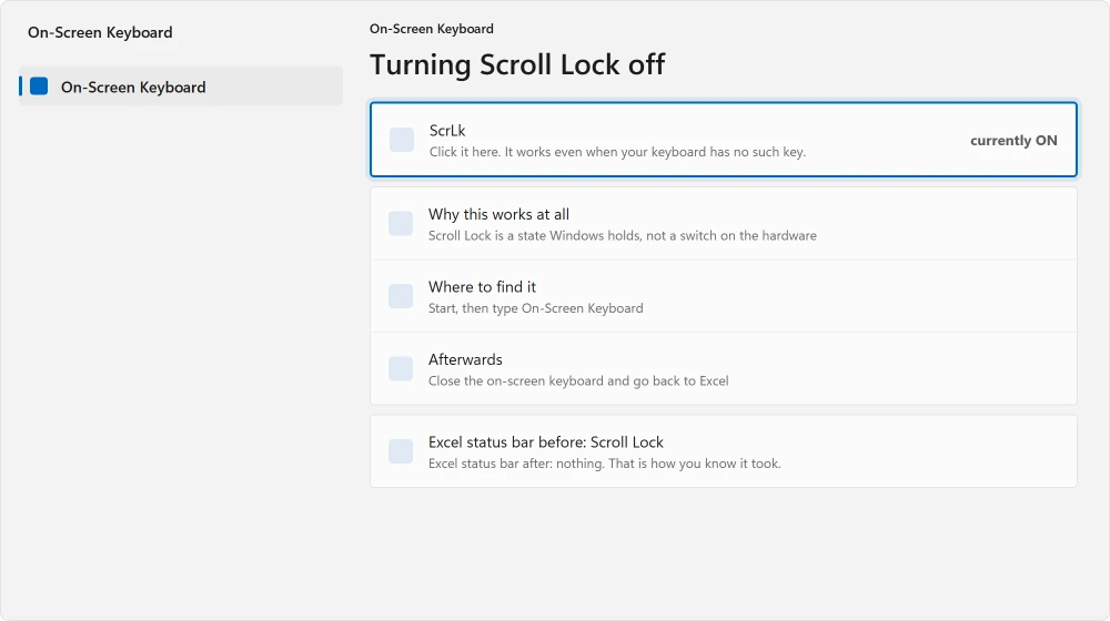 The Windows on-screen keyboard with the ScrLk key highlighted