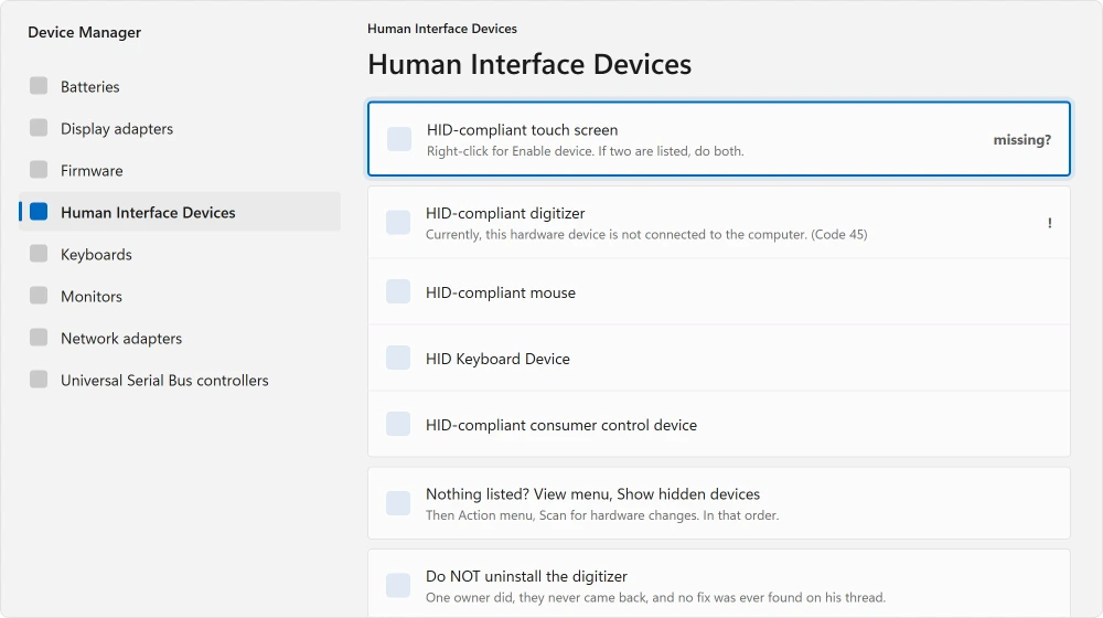 Device Manager with Human Interface Devices expanded and the touch screen entry showing