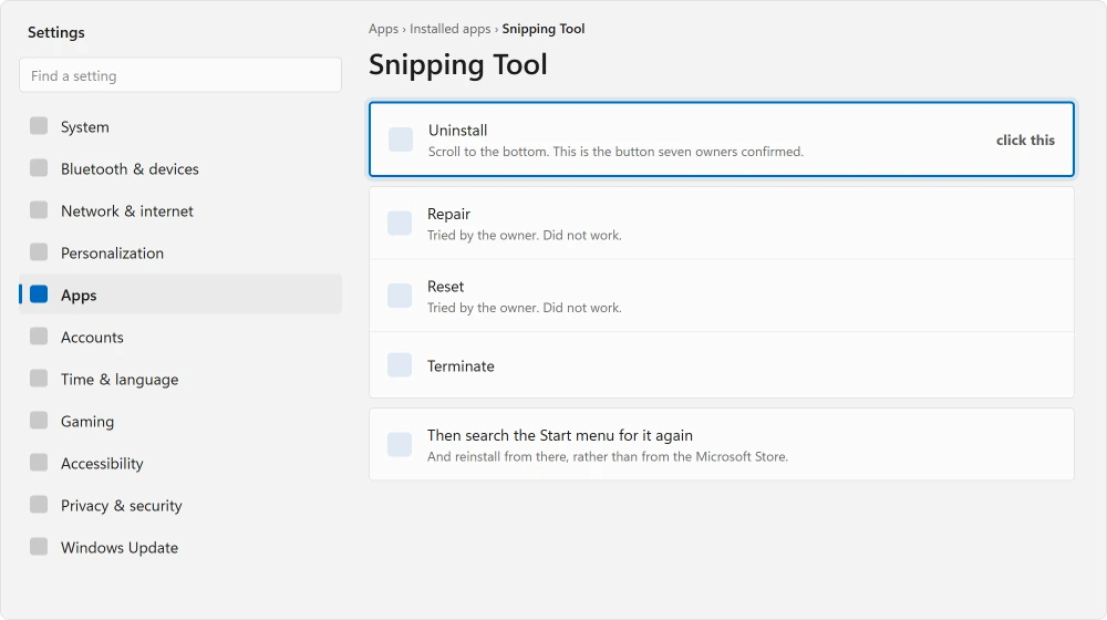 The Start menu right-click app settings page with Uninstall at the bottom