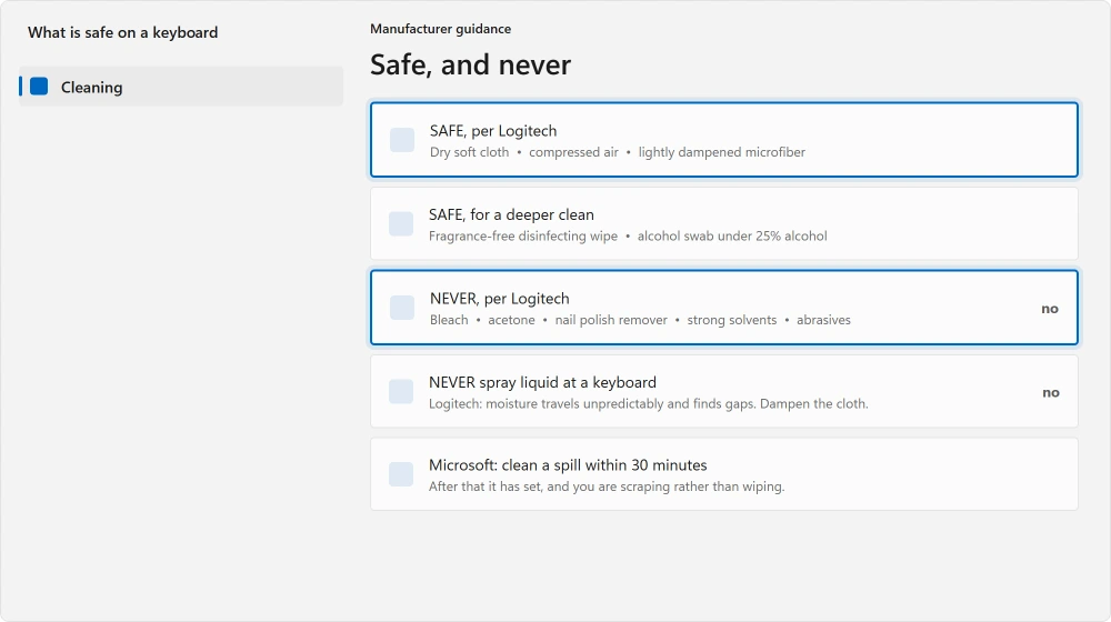 What Logitech says is safe on a keyboard and what is never safe