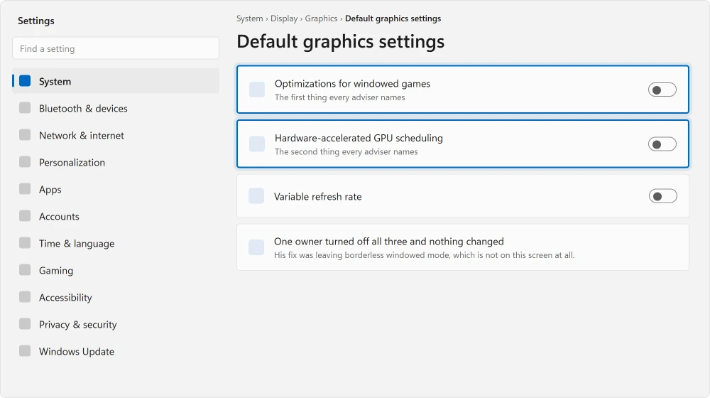 Windows default graphics settings with the windowed game optimizations toggle