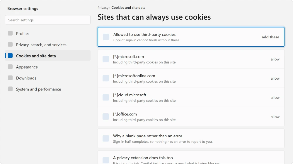 Browser cookie settings with the Microsoft domains added as exceptions
