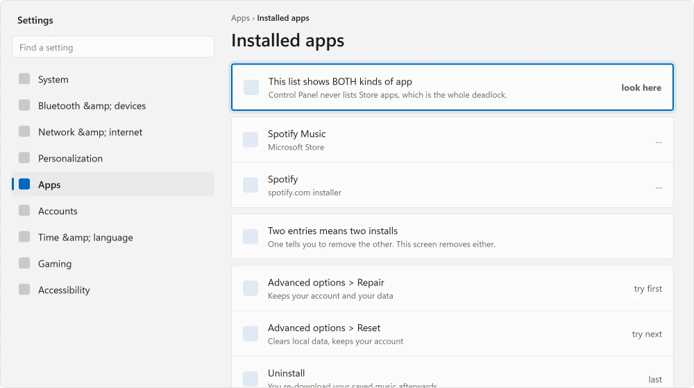 Settings, Apps, Installed apps, with the Spotify advanced options showing Repair and Reset
