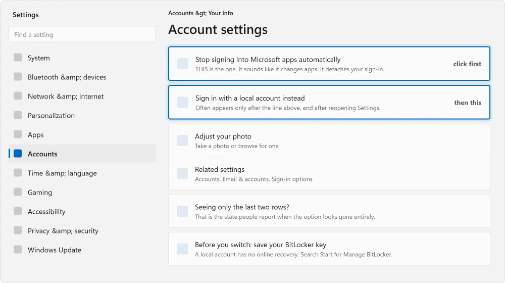 Settings, Accounts, Your info, with the stop signing in option above the local account option